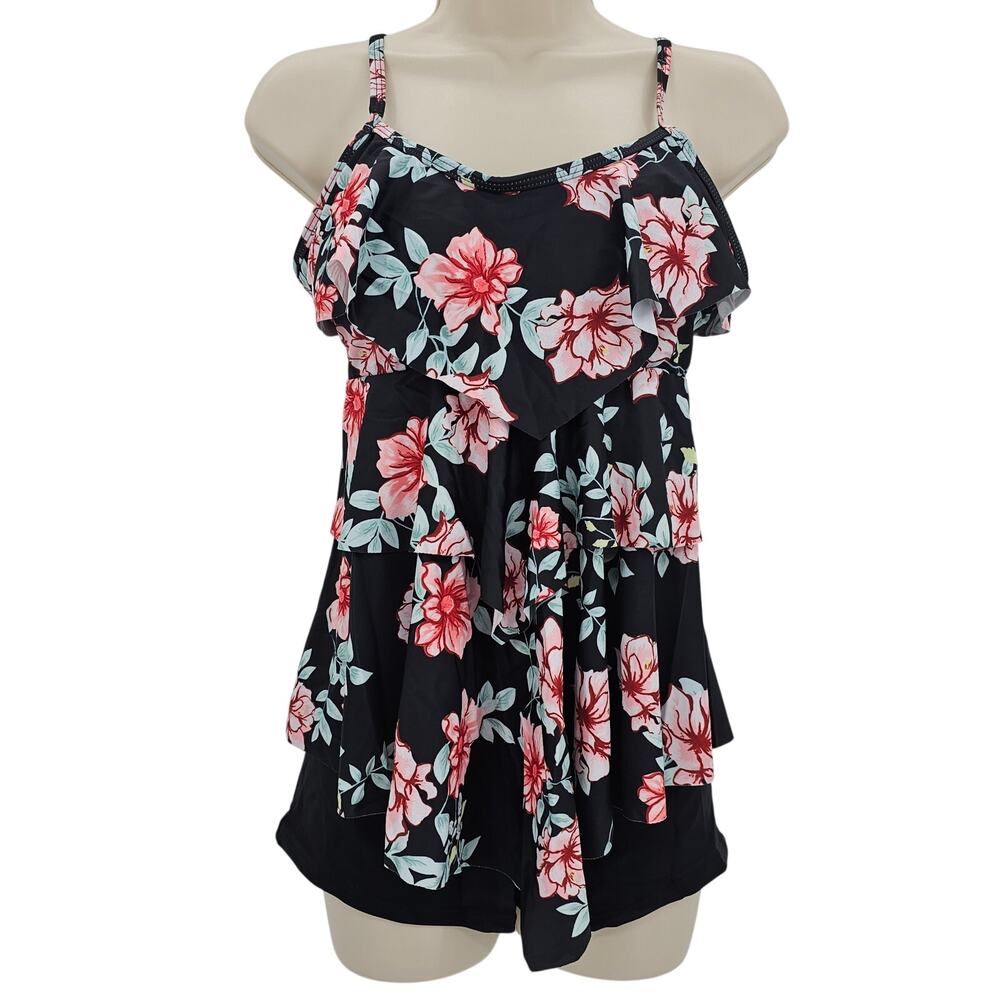 Yonique Womans size M 2 Piece Ruffle Tankini Boyshorts Swimsuit Black NWOT